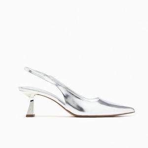 NWT. Zara Metallic Silver Leather Tapered Heel Pointed Slingback Pumps Size 7,5.